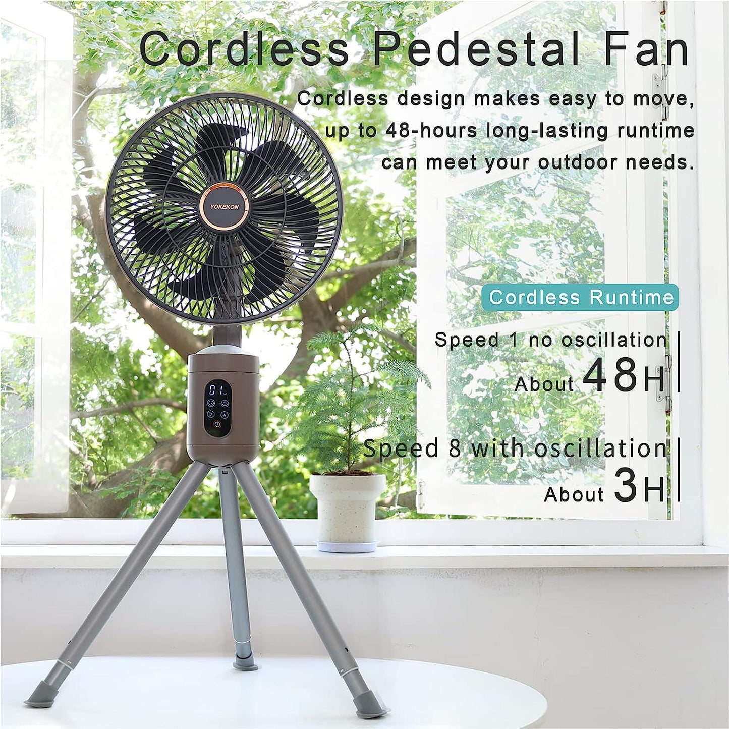 YOKEKON Standing Outdoor Fan for Patio, 12 Rechargeable Camping Fan with Remote Light, 12000mAh Battery Operated Oscillating Fan