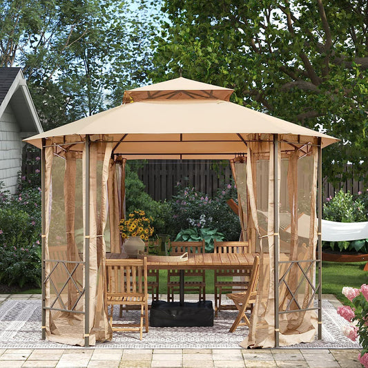 YOLENY 12';x10'; Patio Canopy,Gazebo with Mesh Curtains and Safety Bars, Waterproof Double Roof Tops, for Garden, Backyard,Parties, Deck, Khaki-