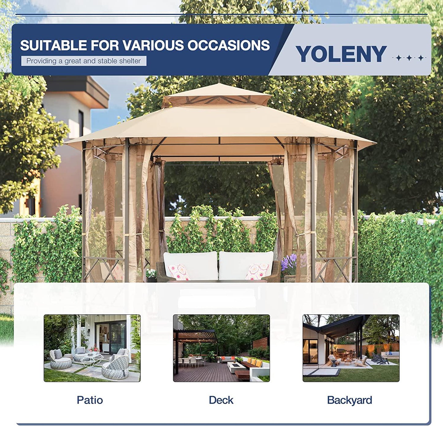 YOLENY 12';x10'; Patio Canopy,Gazebo with Mesh Curtains and Safety Bars, Waterproof Double Roof Tops, for Garden, Backyard,Parties, Deck, Khaki