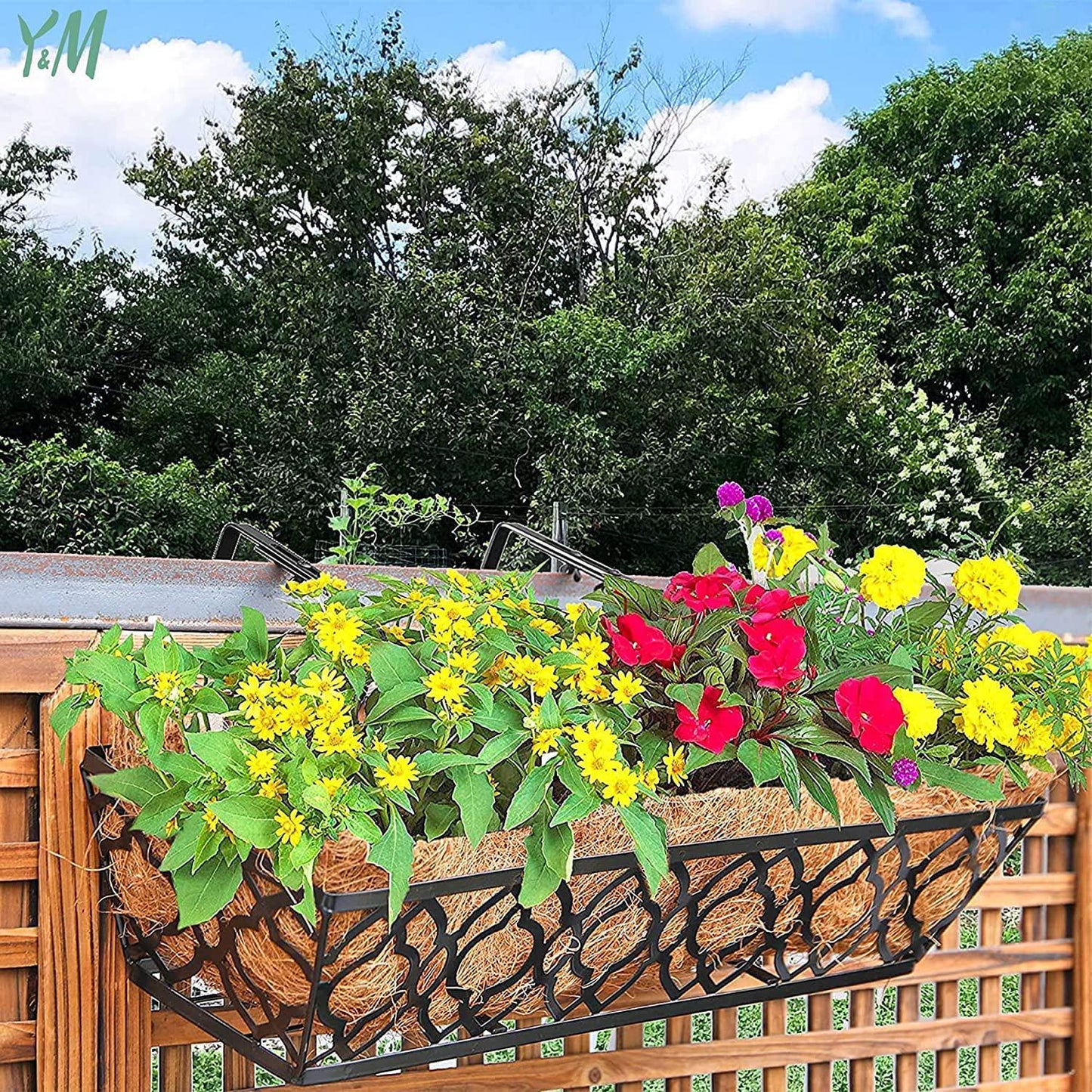 Y&M 24inch Window Planter Box 4Pcs Iron Window Deck Railing Planter with Coco Liner, Metal Horse Troughs Fence Planter for Outdoor Balcony Rail Fence Porch Patio