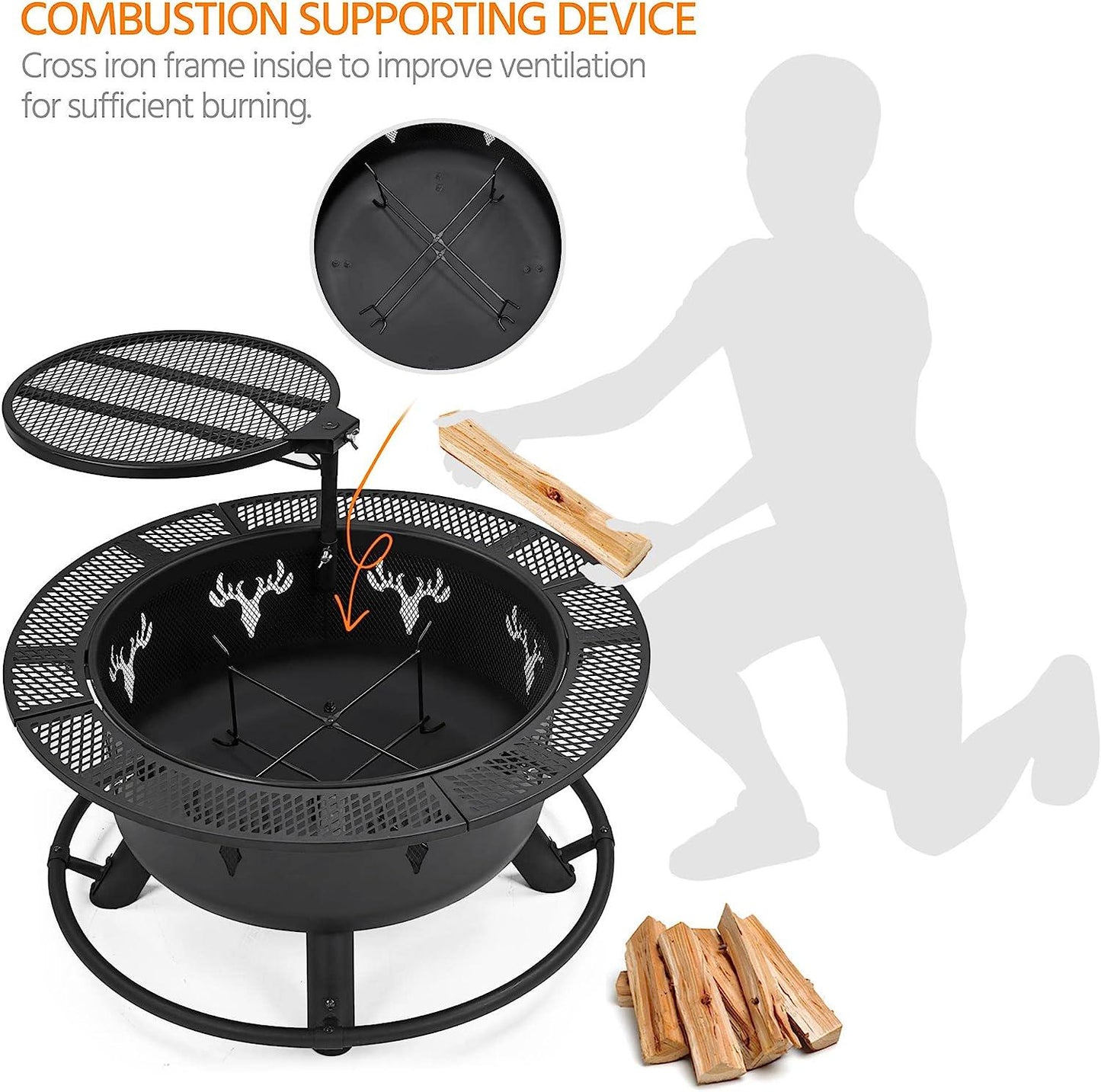 32in Fire Pit Outdoor Wood Burning Firepits Outdoor Fireplace with 18.5 Inch Swivel Cooking Grill Grate and Poker Fire Bowl for Camping, Backyard, BBQ, Garden, Bonfire