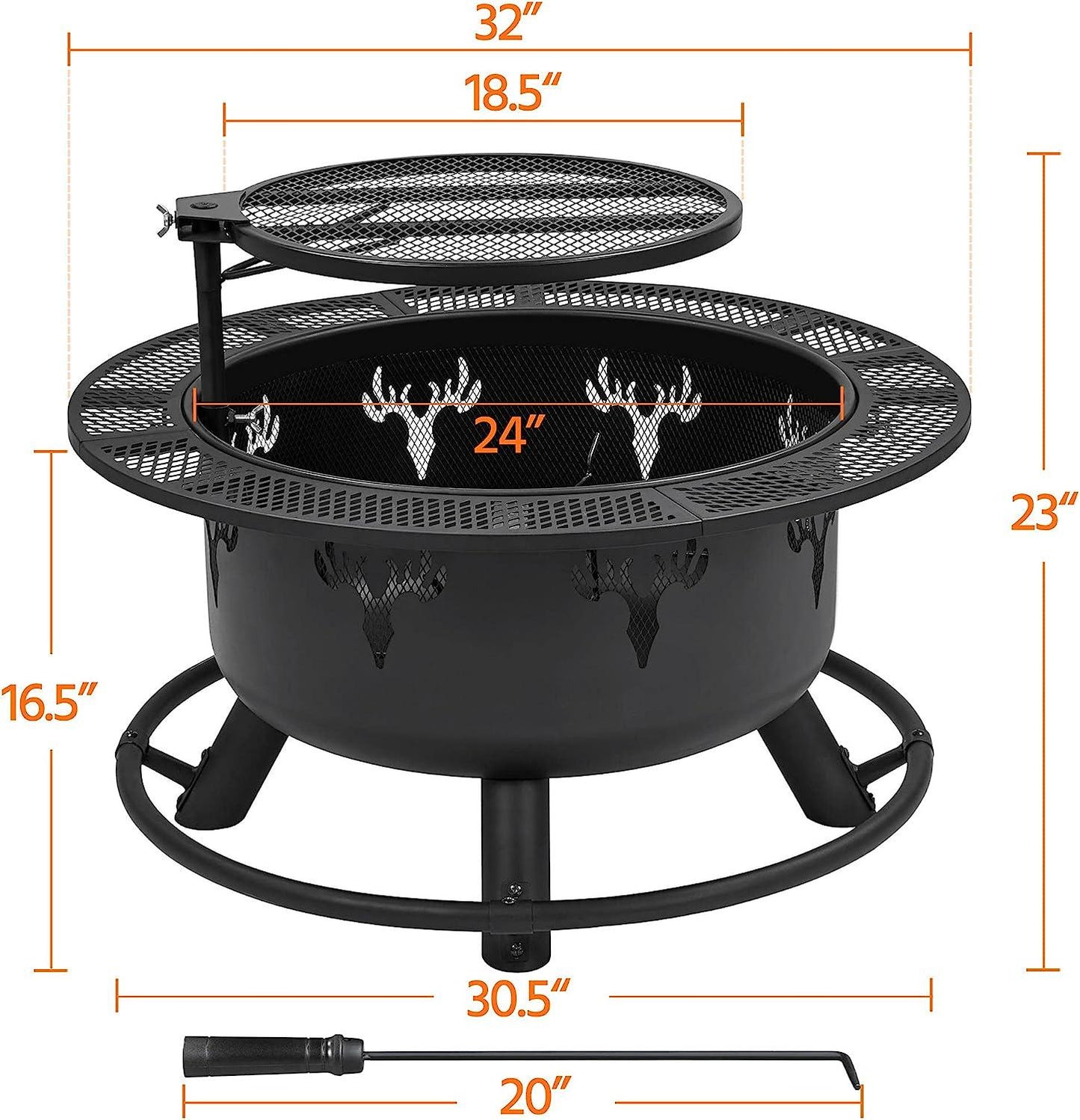 32in Fire Pit Outdoor Wood Burning Firepits Outdoor Fireplace with 18.5 Inch Swivel Cooking Grill Grate and Poker Fire Bowl for Camping, Backyard, BBQ, Garden, Bonfire