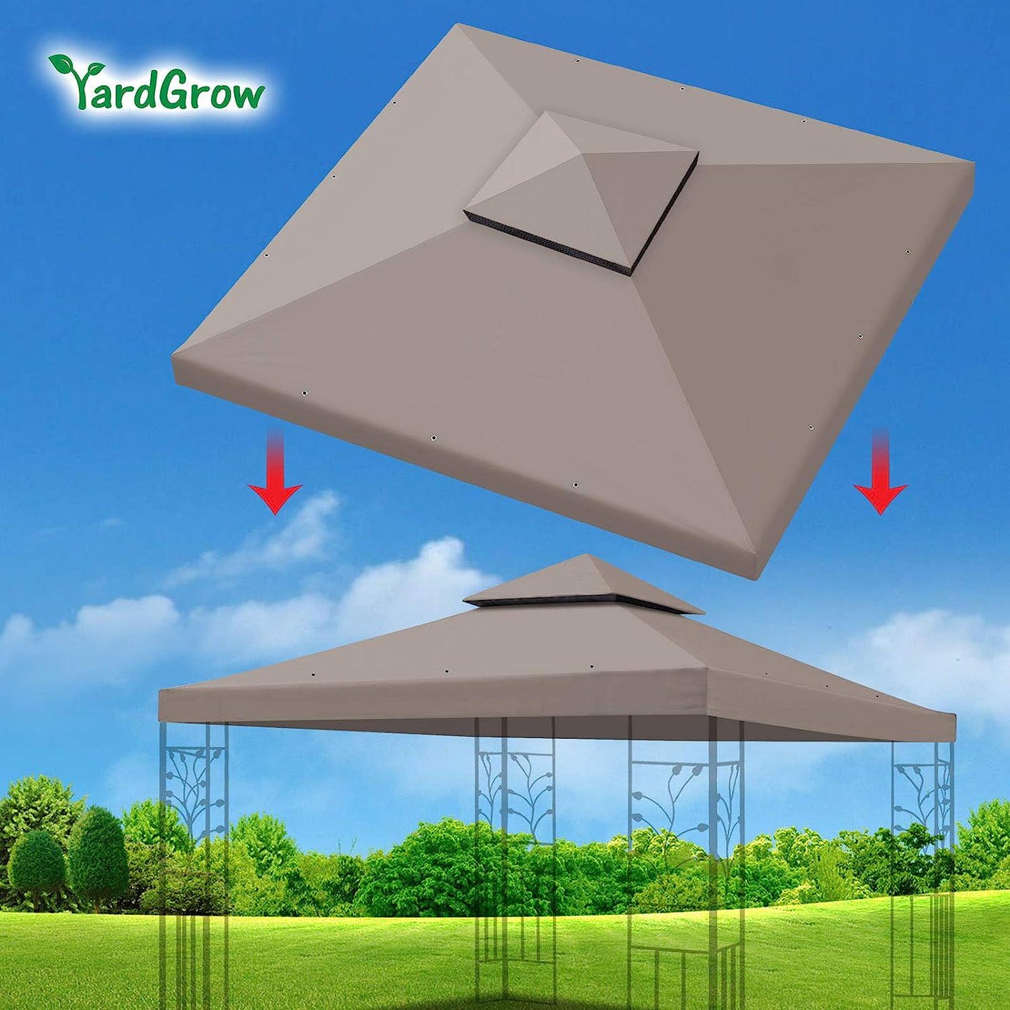 YardGrow 10x10 FT Gazebo Replacement Canopy Top Cover 2-Tiered Upgraded Patio Sunshade UV Protection, Canopy Cover ONLY (Taupe)