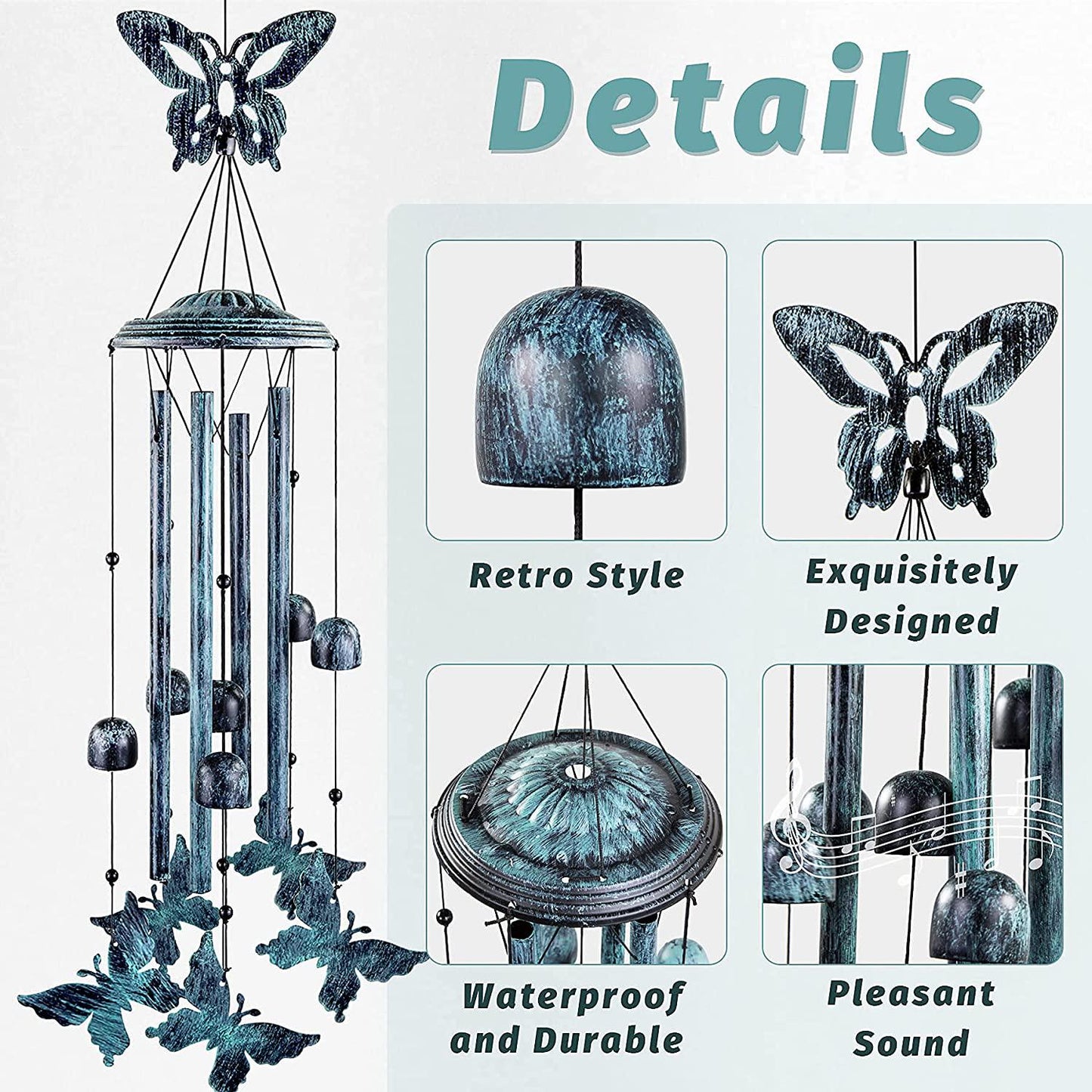 Butterfly Wind Chimes for Outside Large Aluminum Tubes Outdoor Decorations for Patio, Garden, Porch, Memorial Bells Gift