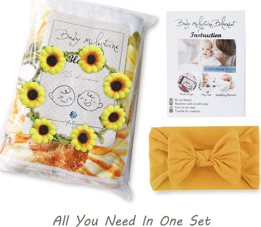 Yoothy Sunflower Baby Monthly Milestone Blanket Girl, Floral Newborns Month Blanket Gift for Baby Shower, Soft Plush Photo Prop Blanket, Wreath &Headband Included, 45''x40''-