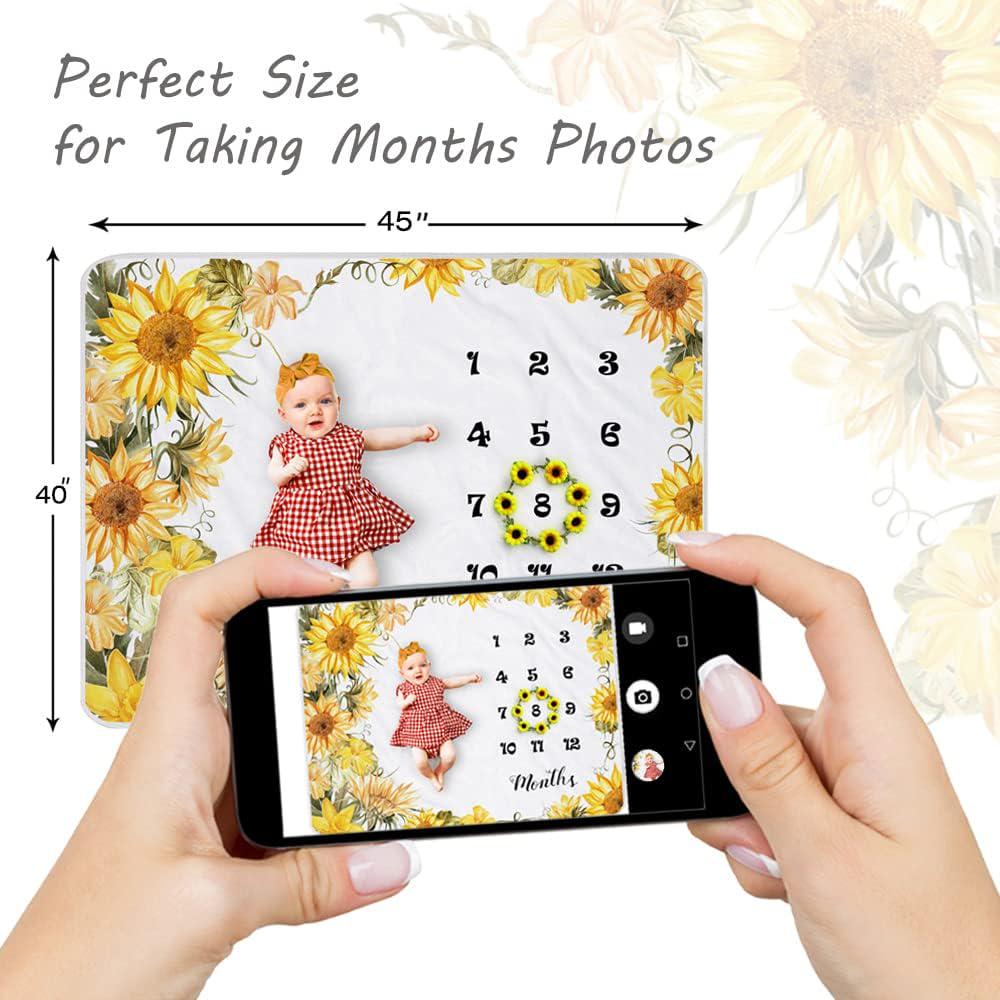 Yoothy Sunflower Baby Monthly Milestone Blanket Girl, Floral Newborns Month Blanket Gift for Baby Shower, Soft Plush Photo Prop Blanket, Wreath &Headband Included, 45''x40''