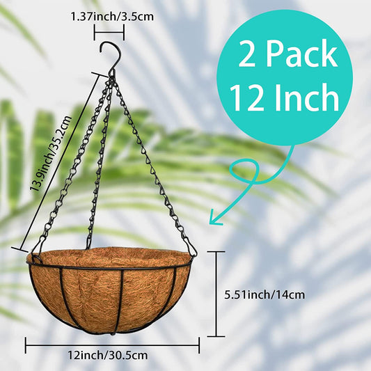 ZeeDix 2 Packs 12in Metal Hanging Planter Basket with Coconut Coir Liner- Coconut Coir Liner with Black Chain for Porch Pots Hanger, Indoor Outdoor Plant Flower Pot, Garden Decorations-