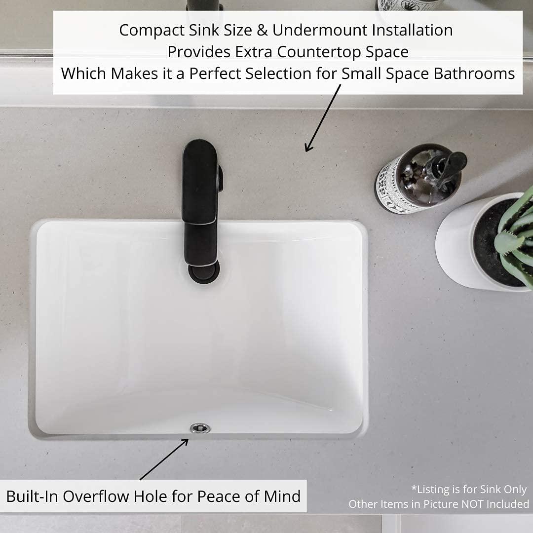 Zeek Undermount Bathroom Sink 16x11 Small Rectangle Narrow Vanity Sink - White - Fits 18 Inch Vanity - 16 Inch by 11 Inch Opening - Vitreous china ceramic