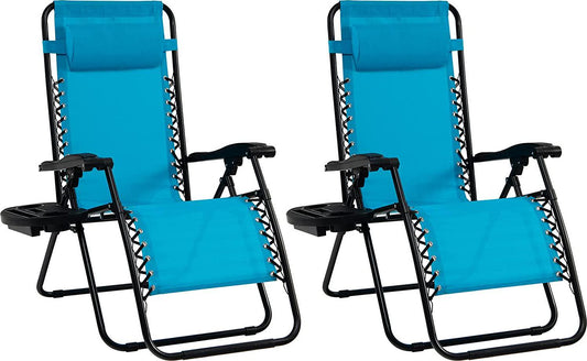 Zero Gravity Chair, Adjustable Folding Reclining Lounge Chair with Pillow and Cup Holder, Patio Lawn Recliner for Outdoor Pool Camp Yard (Set of 2, Light Blue)-