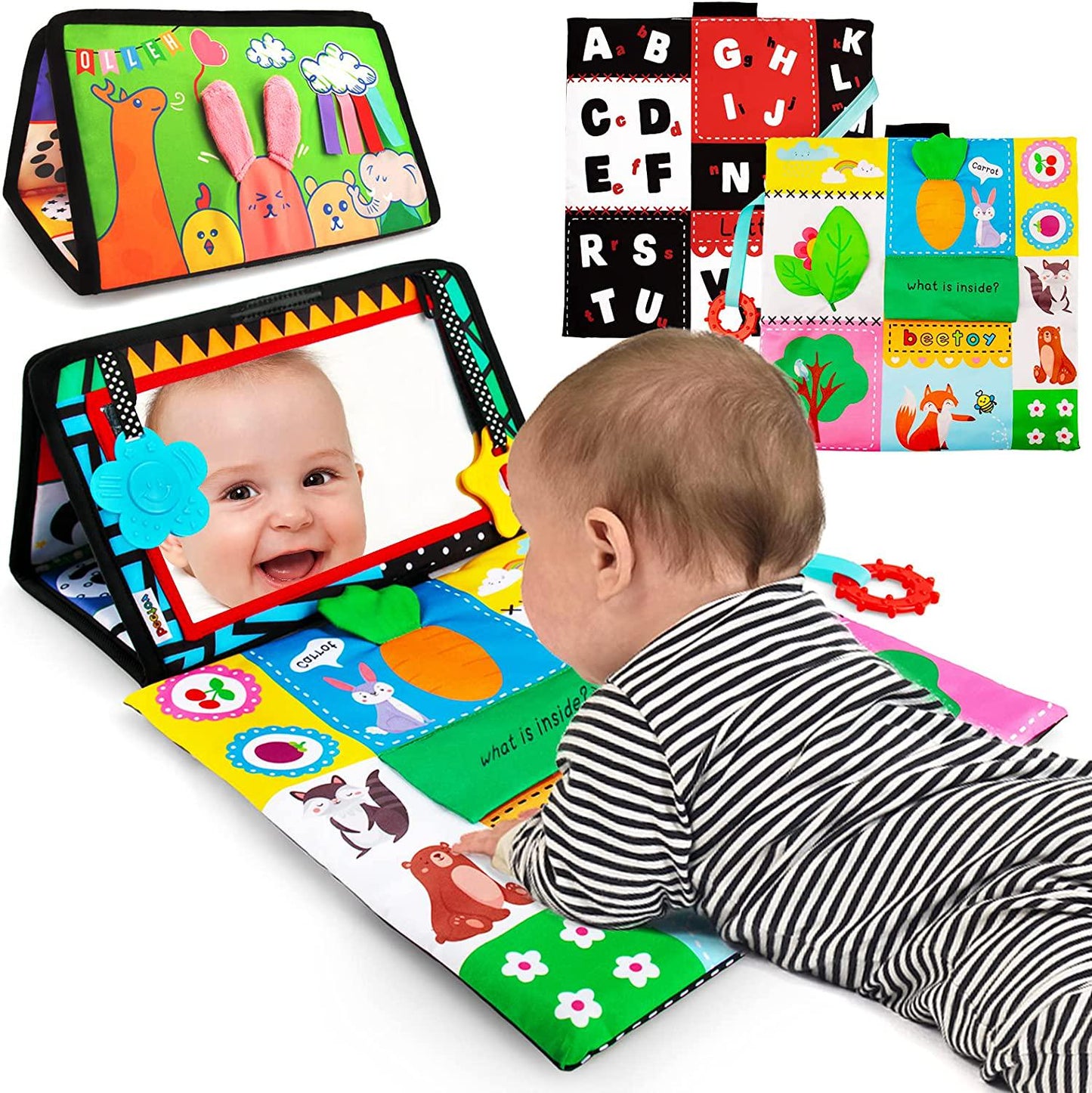 beetoy Tummy Time Baby Mirror Toys with Black and White Pattern, Double High Contrast 3D Activity Play Crinkle Toys-