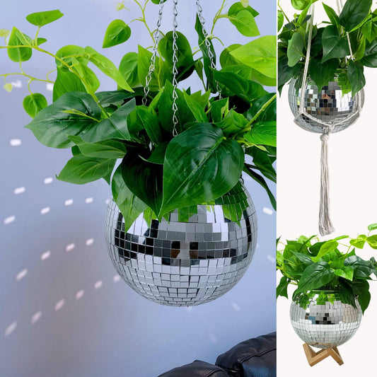 coutinfly Disco Ball Planter 8 , Silver Mirror Ball Flower Pot Holder with Chain, Macrame Rope, Wooden Stand, Modern Disco Ball Hanging Planters for Indoor Outdoor Balcony Window Garden Home Decor-