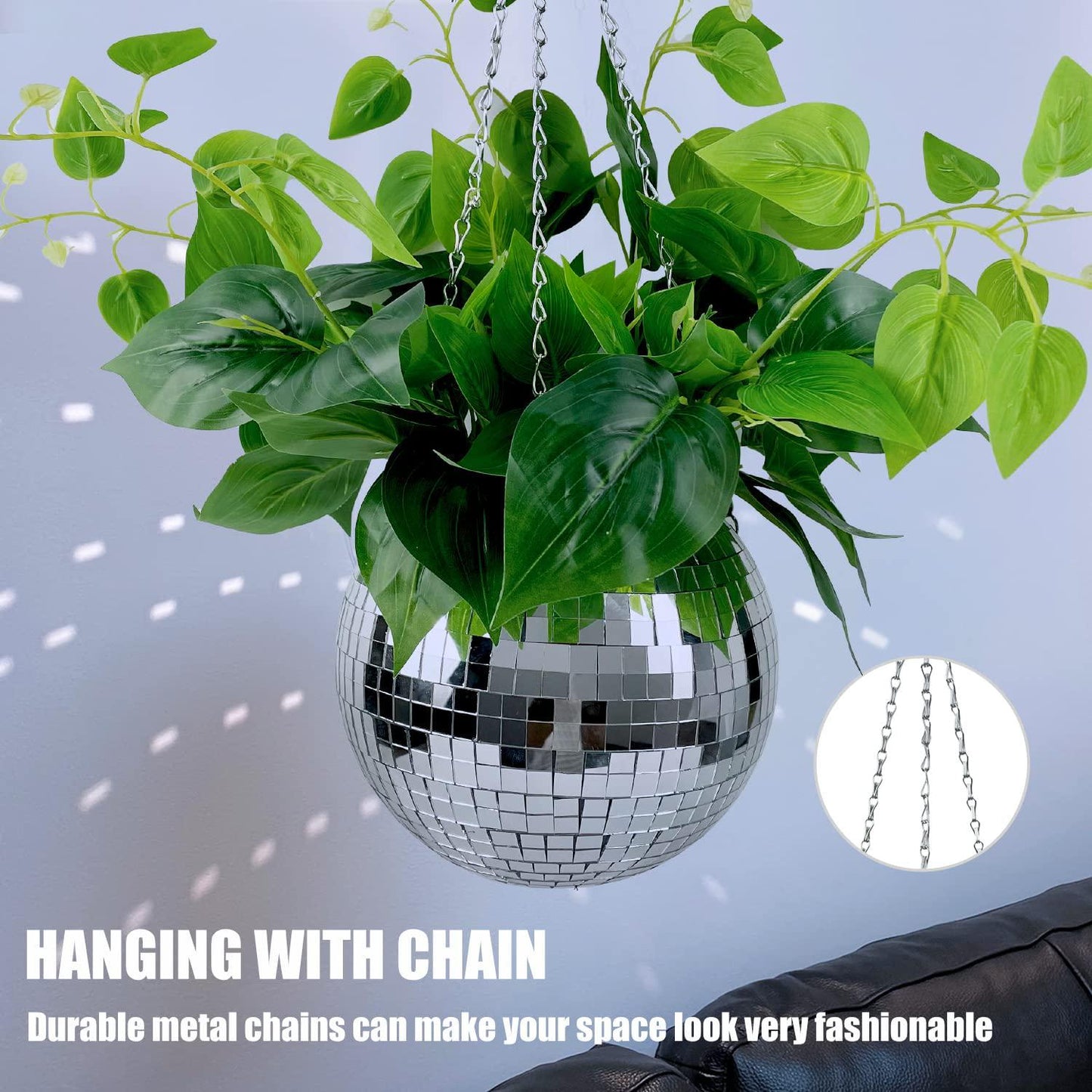 coutinfly Disco Ball Planter 8 , Silver Mirror Ball Flower Pot Holder with Chain, Macrame Rope, Wooden Stand, Modern Disco Ball Hanging Planters for Indoor Outdoor Balcony Window Garden Home Decor