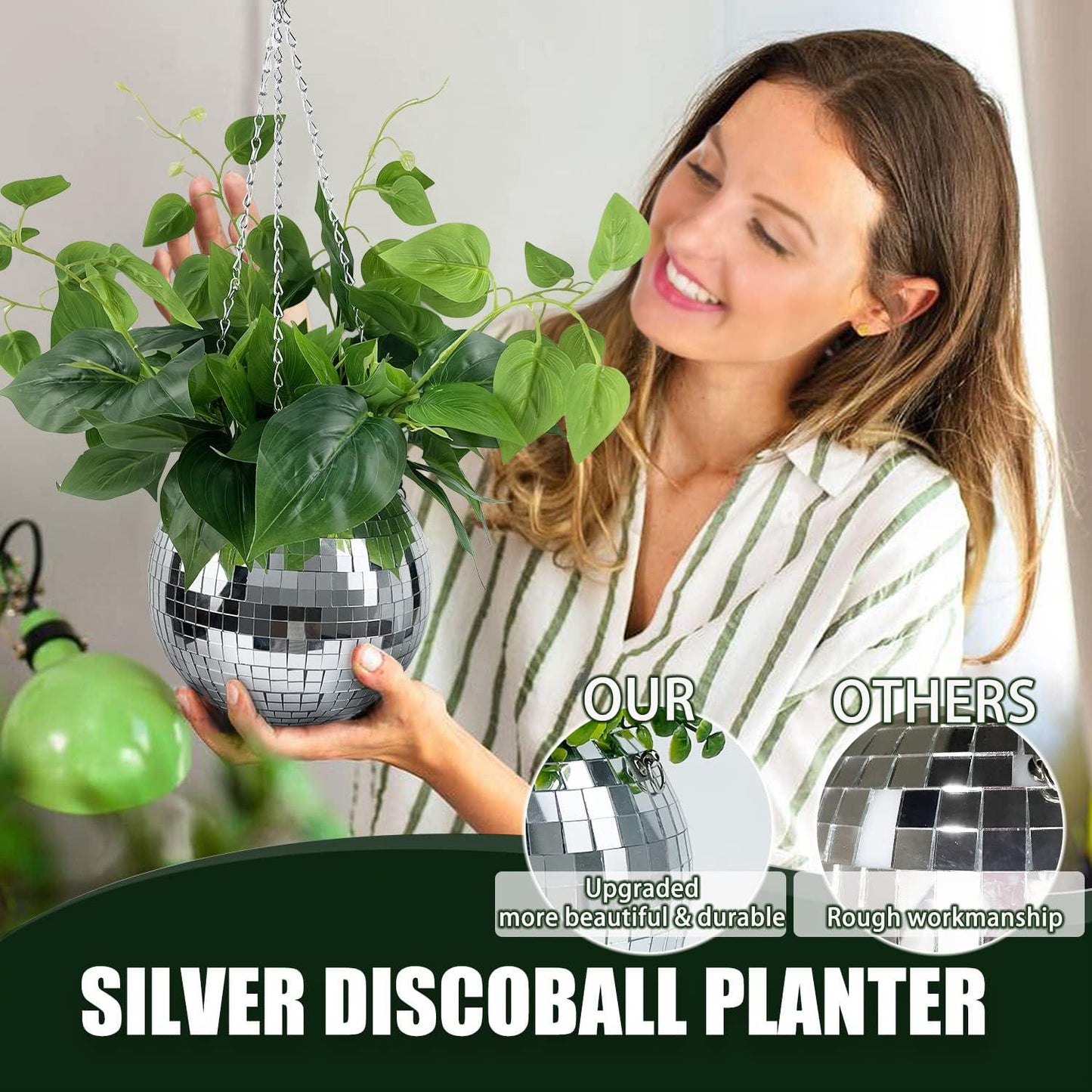 coutinfly Disco Ball Planter 8 , Silver Mirror Ball Flower Pot Holder with Chain, Macrame Rope, Wooden Stand, Modern Disco Ball Hanging Planters for Indoor Outdoor Balcony Window Garden Home Decor