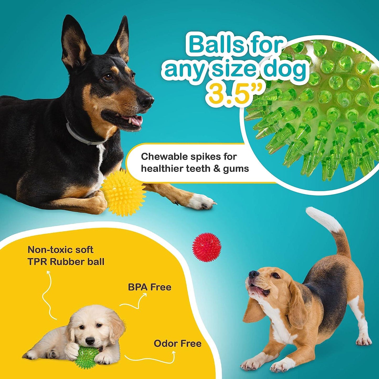 3.5 Spikey Dog Balls (4 Pack) Squeaky Dog Toys | Cleans Teeth for Healthier Gums