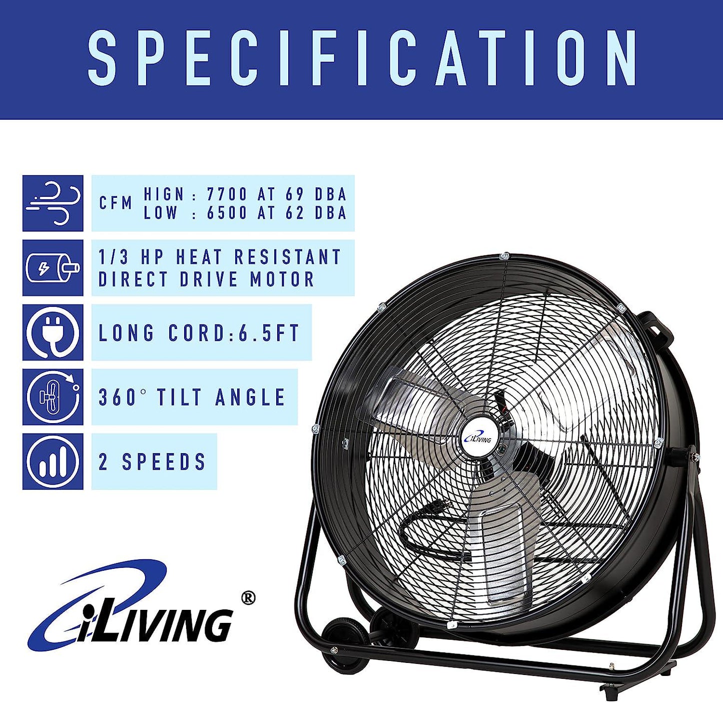 24 High Velocity Drum Fan Industrial, Commercial, Residential Air Circulator for Garage, Shop, Patio, Barn, Greenhouse, Speed Control 7700CFM, UL Listed