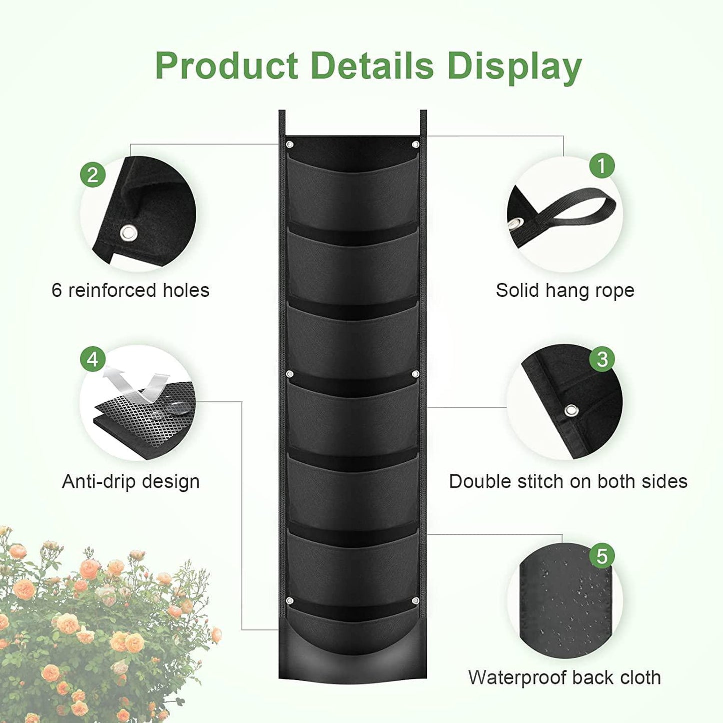 iPower 2-Pack Hanging Vertical Wall Planter 7 Pockets Upgraded Deeper Waterproof Herb Flower Growing Pouch Felt Cloth, for Yard Garden Fence Home, Balcony Office Decoration