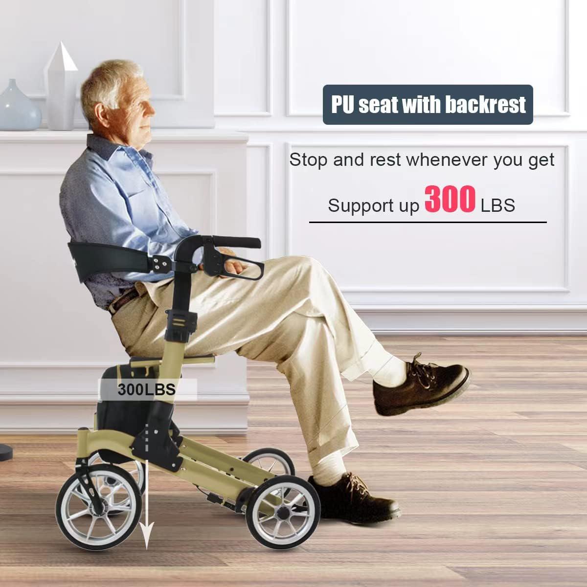 10 Front Wheels Rollator Walkers for Seniors Adjustable Height, Rollator Walker with Seat and Brakes Fold Up Heavy Duty Mobility Walking Aid for Adult Elderly, Gold, L