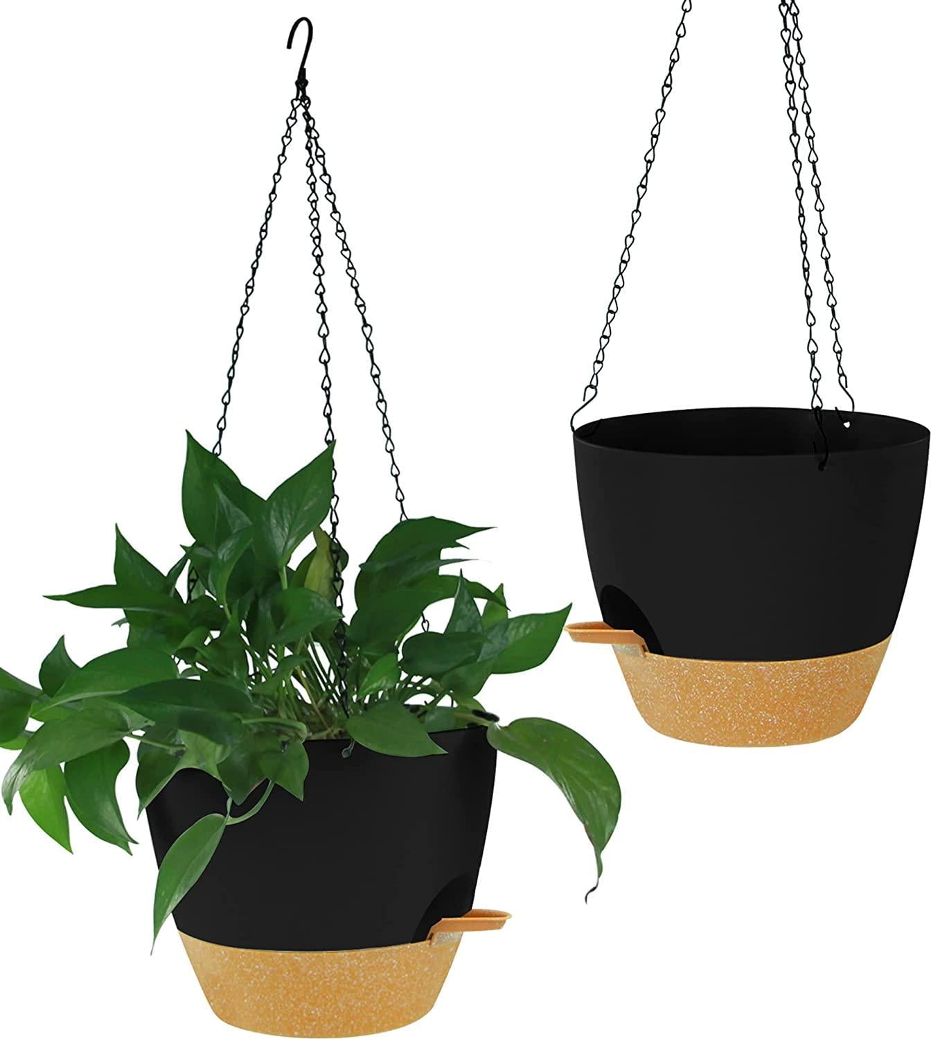 mossFlos 10 Inch Hanging Planters, 2pcs Self Watering Hanging Pots with Drainage Holes, 40oZ Deep Reservior for Indoor Outdoor Hanging Plastic, Hanging Flower Pots for Garden Home (Black)-