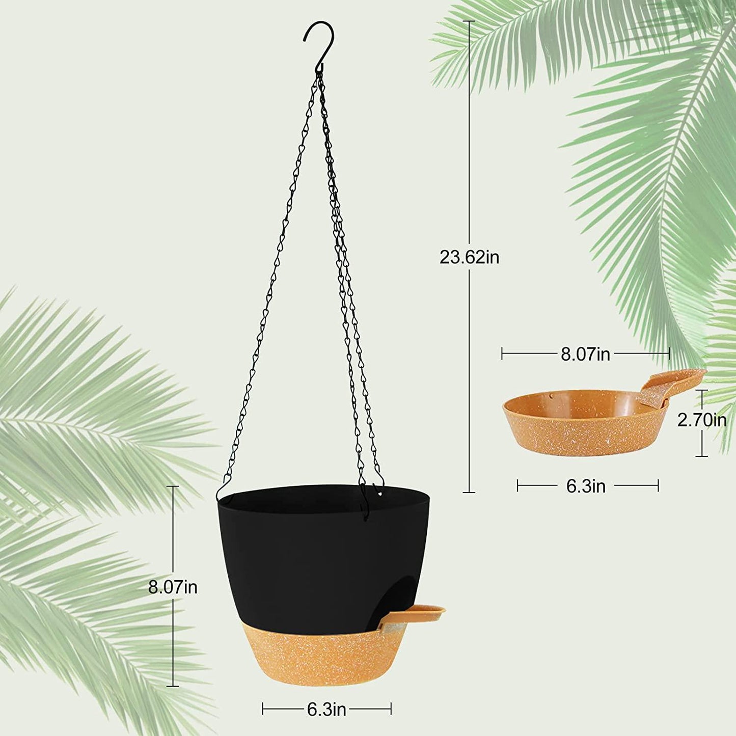 mossFlos 10 Inch Hanging Planters, 2pcs Self Watering Hanging Pots with Drainage Holes, 40oZ Deep Reservior for Indoor Outdoor Hanging Plastic, Hanging Flower Pots for Garden Home (Black)