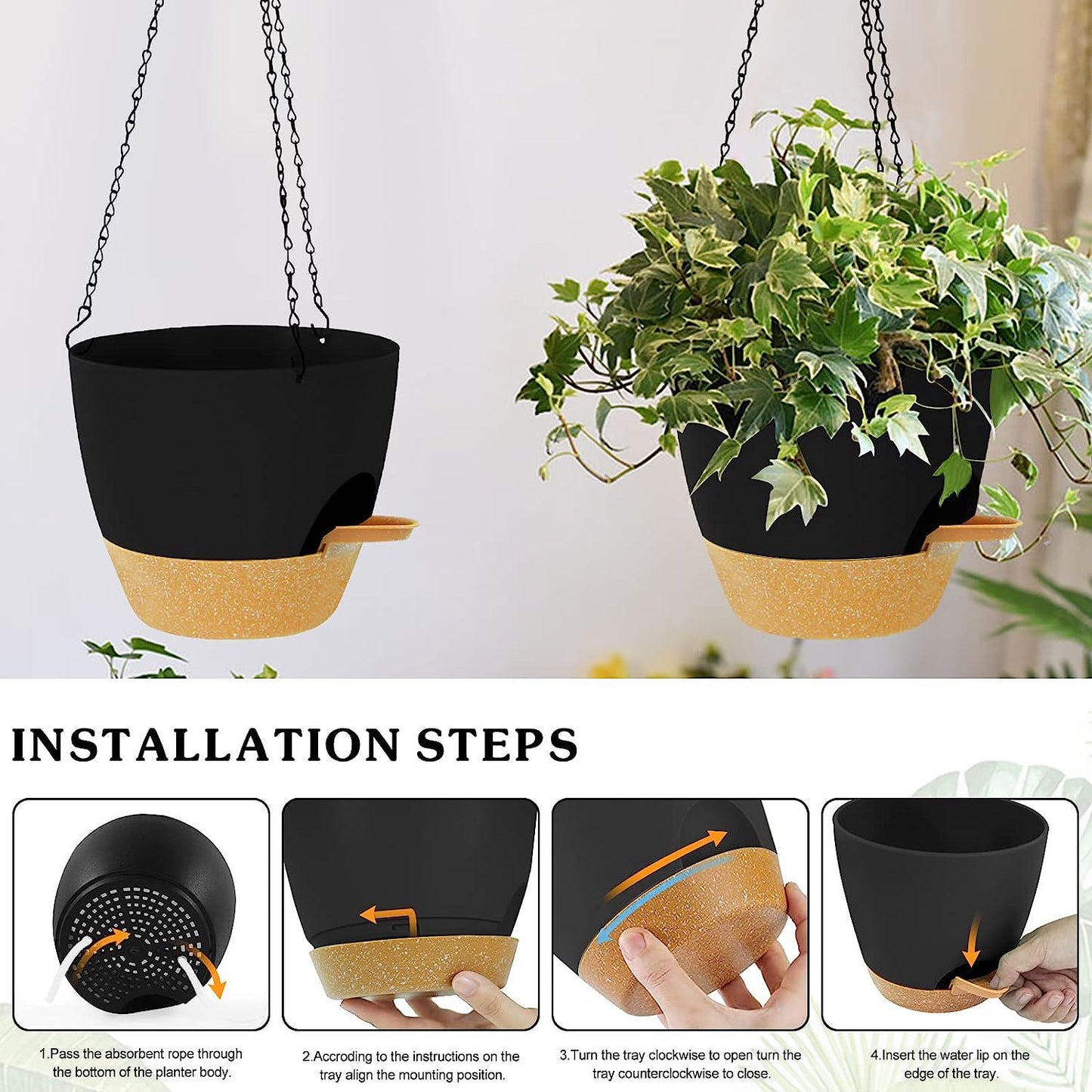 mossFlos 10 Inch Hanging Planters, 2pcs Self Watering Hanging Pots with Drainage Holes, 40oZ Deep Reservior for Indoor Outdoor Hanging Plastic, Hanging Flower Pots for Garden Home (Black)