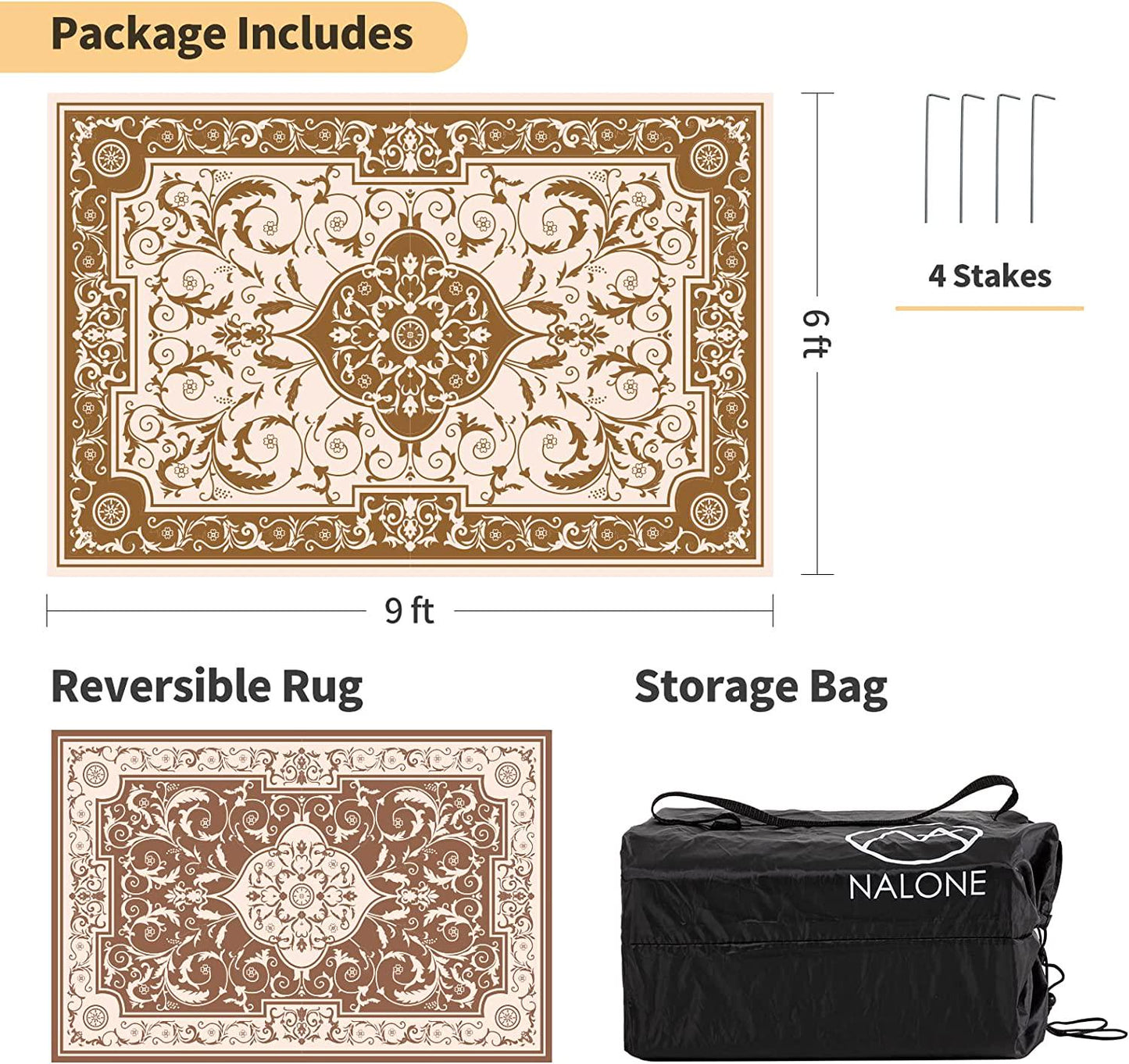 nalone Reversible Mats, Outdoor Rugs 6x9 for Patio, Outdoor Plastic Straw Rug( Beige&Brown)