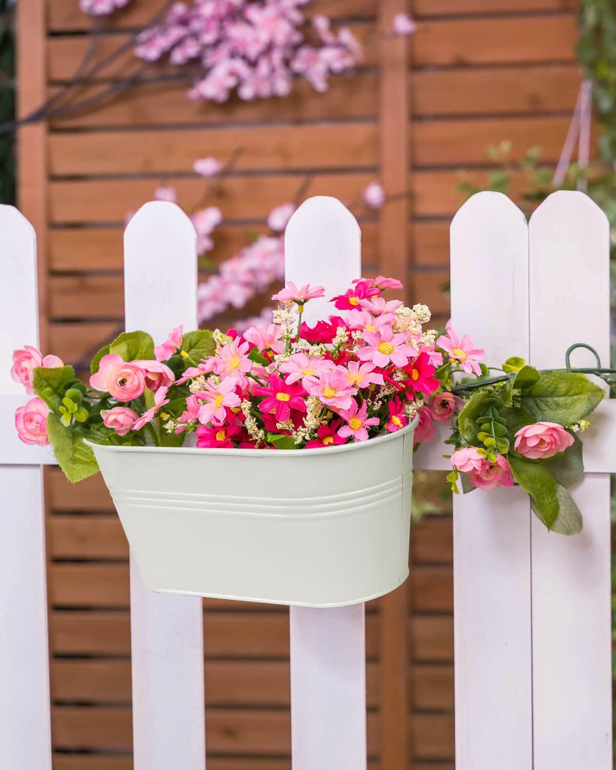 vensovo 11 inch Hanging Flower Pots Indoor - 3 PCS White Metal Iron Buckets with Removable Hooks and Drainage Holes, Large Hanging Planters for Railing Fence Outdoor, Great for Garden, Home Decor