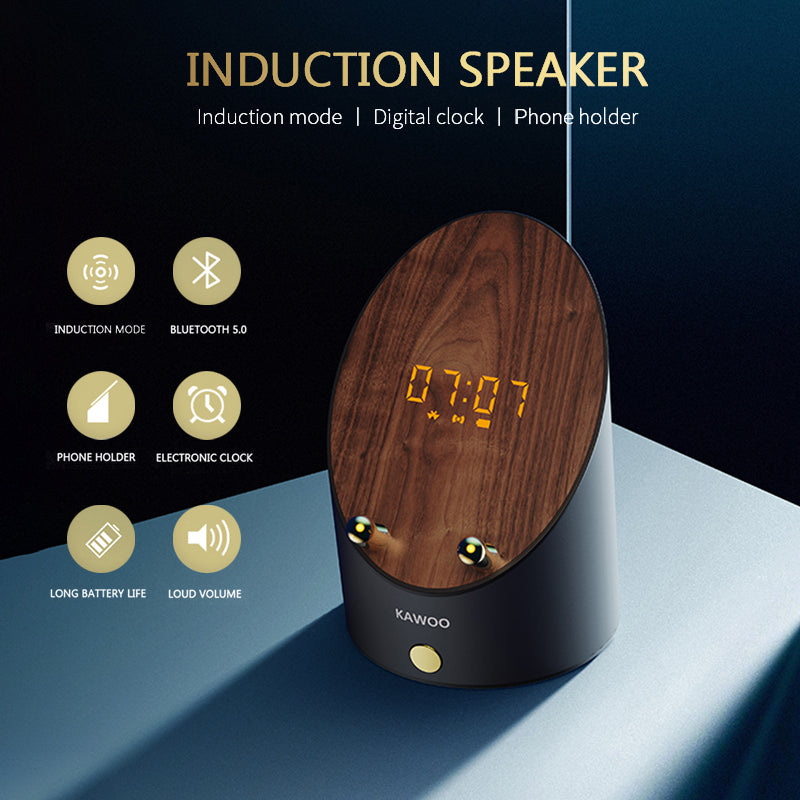 Wooden Smart Portable Induction|Bluetooth Speaker with Phone Holder and Alarm Clock