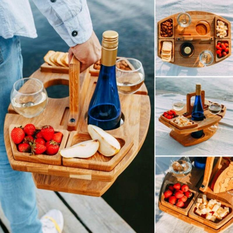 Wooden Outdoor Portable Camping Picnic Table With Wine|Glass Holders  & Storage Tray