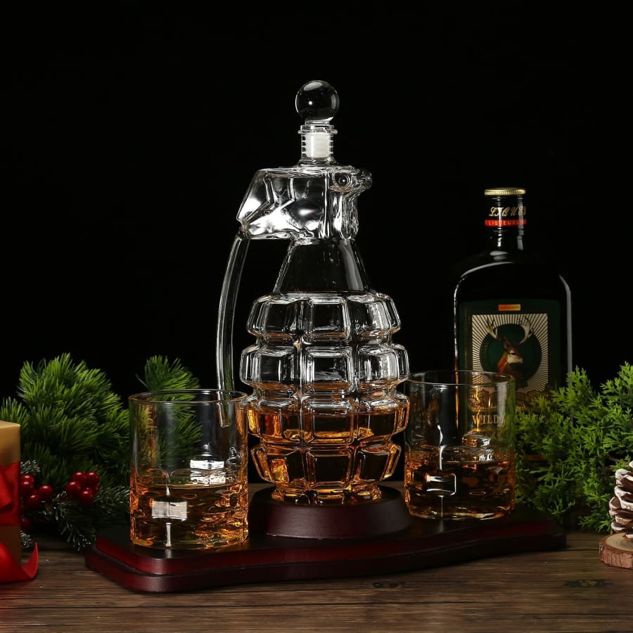 Grenade Whiskey Decanter Set with Wooden Holder