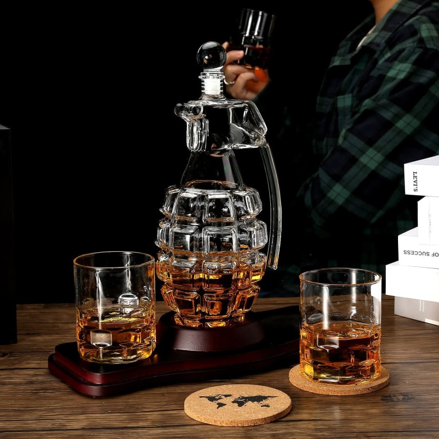 Grenade Whiskey Decanter Set with Wooden Holder