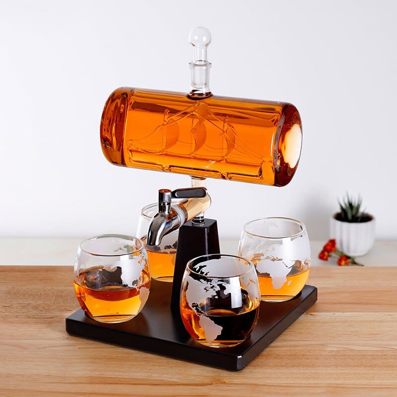 Ship in a Bottle Decanter with Tap  Whiskey Glass Set